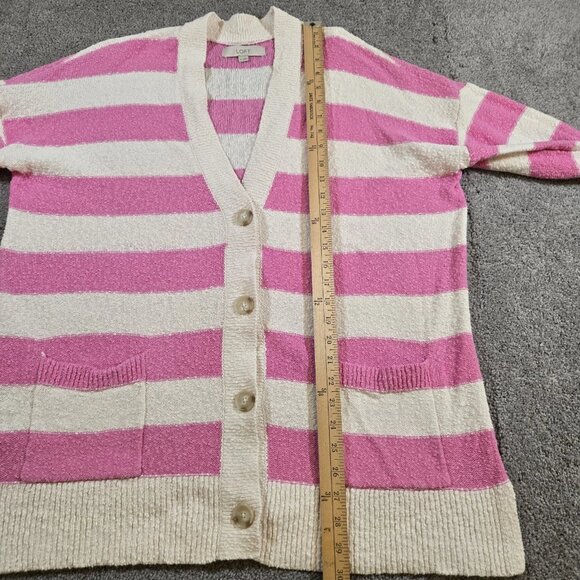 LOFT Pink Striped Women's Relaxed V-Neck Cardigan Size XL Double Pockets - Picture 6 of 8